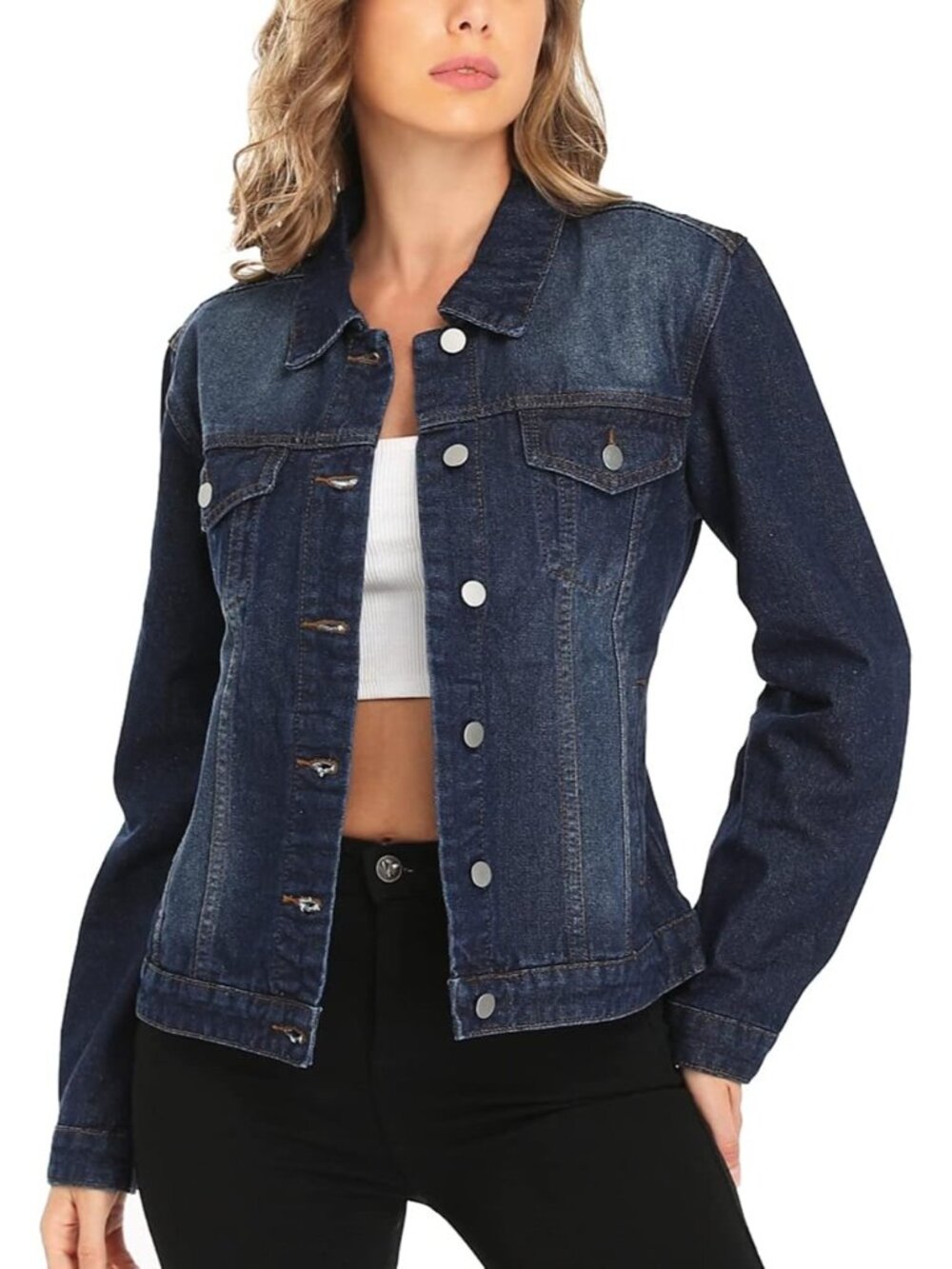 〽️Women's Dark Blue Denim Jacket Classic Button Up Long Sleeve Jean Coat - Picture 3 of 5